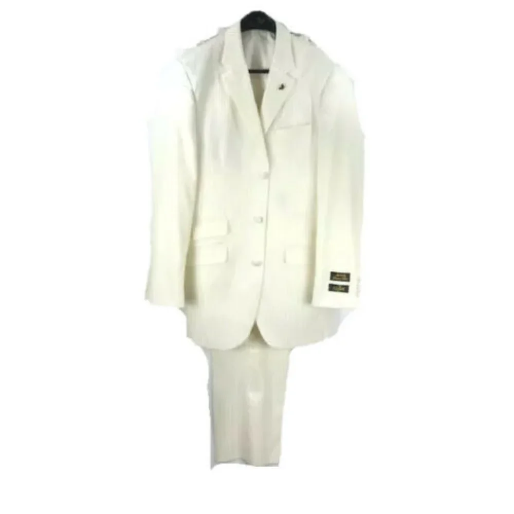 E.J. Samuel Men's White Looks Cream Suit 3 Piece Pleated Pant Pinstripe Size 38L